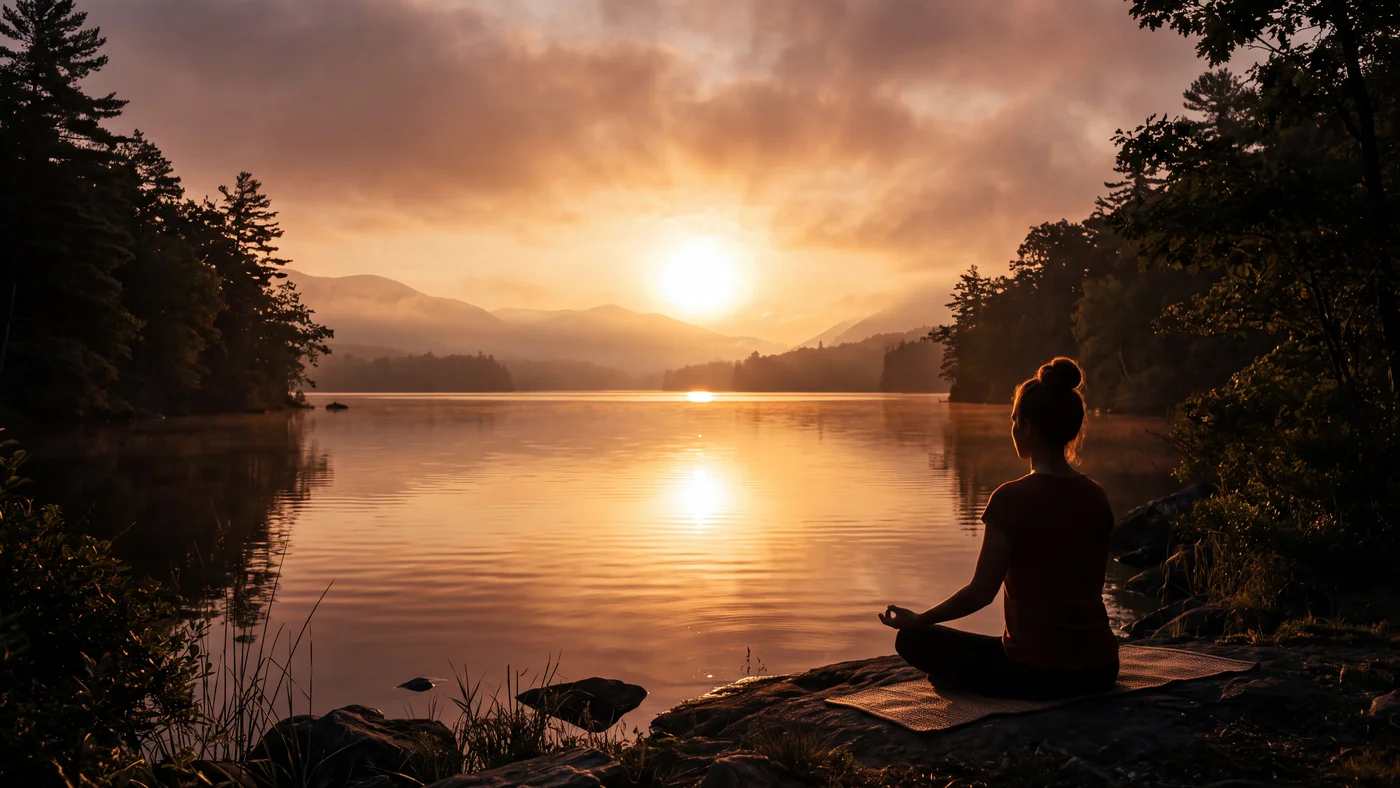 AUM Meditation, meditation at dawn by the lake